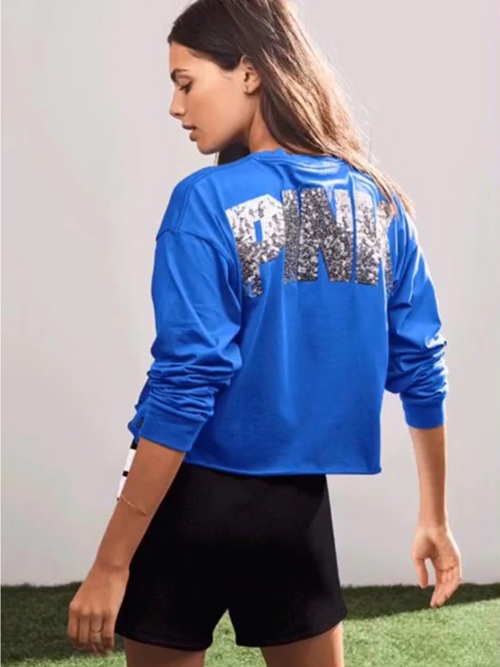 PINK Blue Sequin Logo Cropped Sweatshirt
